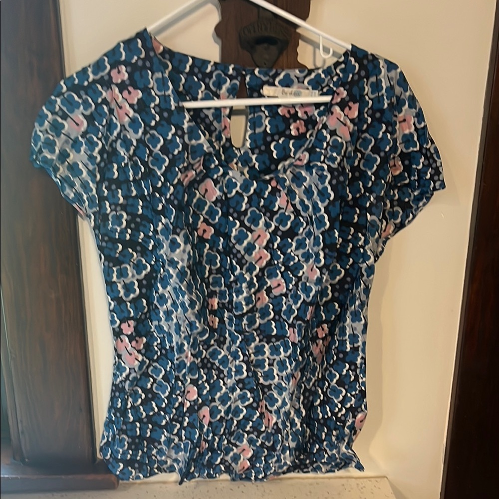 Boden Blue and White Ruched Blouse